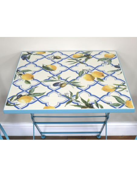 Salon de Jardin Santorini Mosaïque Bleu – Table & 2 Chaises Style Méditerranéen