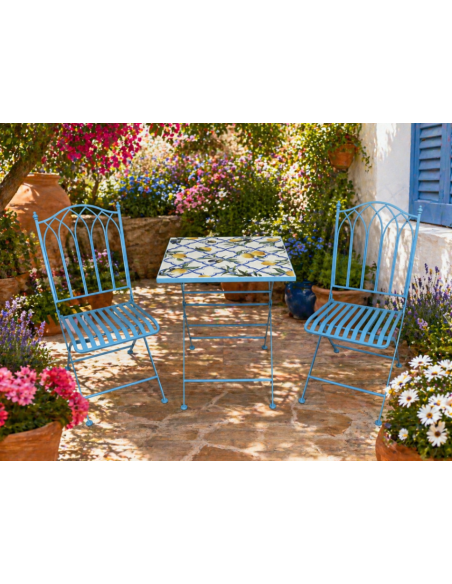 Salon de Jardin Santorini Mosaïque Bleu – Table & 2 Chaises Style Méditerranéen