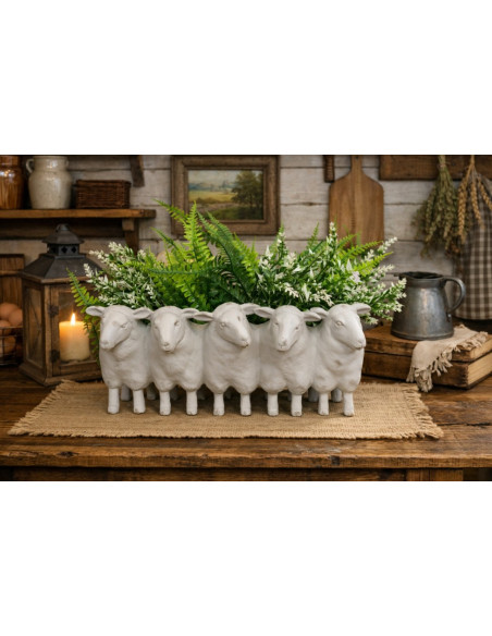 Jardinière Moutons Crème en résine – Pot déco campagne 31 cm