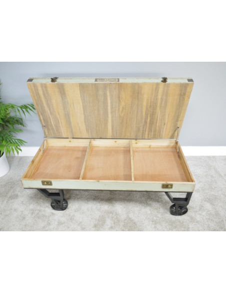 TABLE BASSE VITRINE À COMPARTIMENTS SUR ROULETTES
