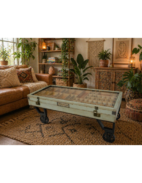 TABLE BASSE VITRINE À COMPARTIMENTS SUR ROULETTES