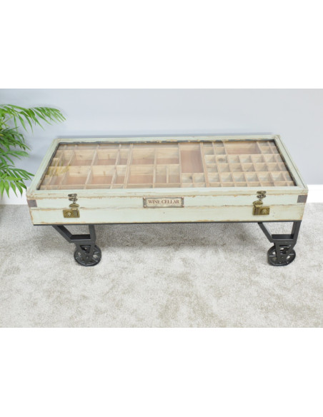 TABLE BASSE VITRINE À COMPARTIMENTS SUR ROULETTES