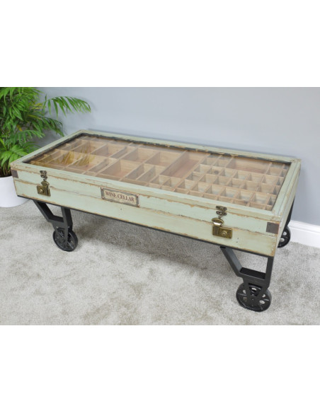 TABLE BASSE VITRINE À COMPARTIMENTS SUR ROULETTES
