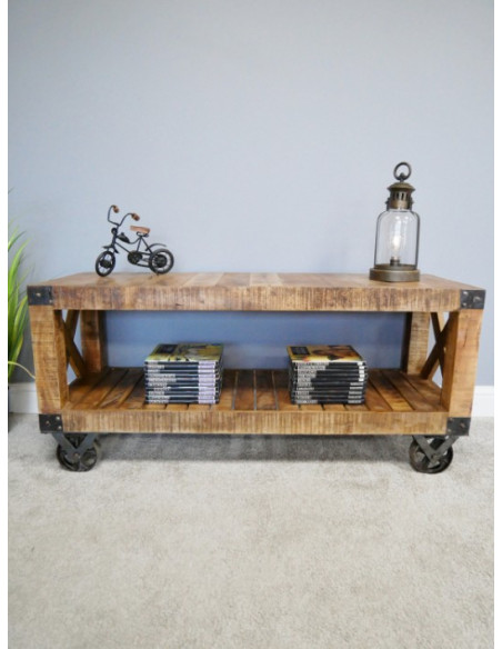 Buffet Console Atelier sur Roulettes en Bois de Manguier