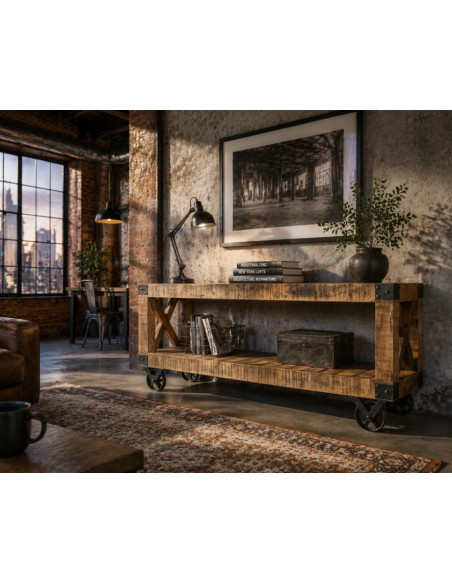 Buffet Console Atelier sur Roulettes en Bois de Manguier