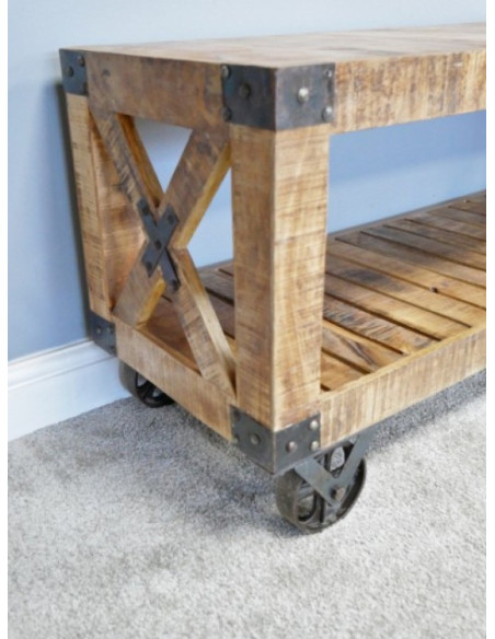 Buffet Console Atelier sur Roulettes en Bois de Manguier