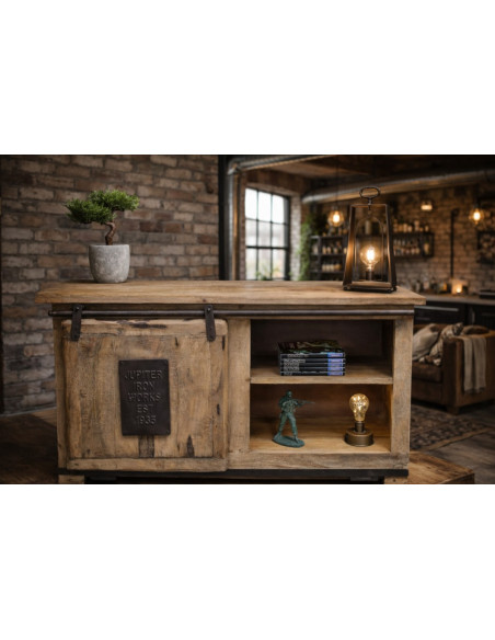Buffet Bas Atelier à Porte Coulissante en Bois de Manguier