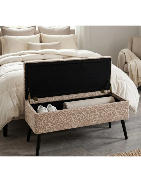 Banc Coffre de Rangement Crème-Beige 100 cm – Tissu Motif Léopard