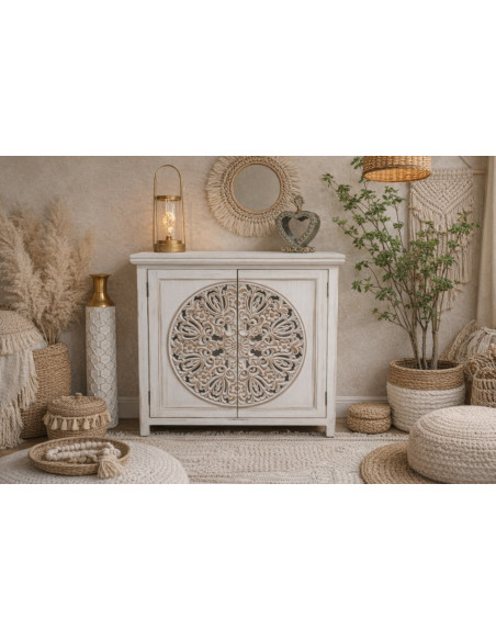 Armoire Sculptée Blanche en Bois de Manguier
