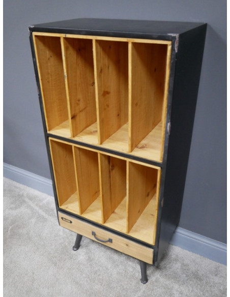 Bibliothèque Vinyles Vintage en Bois et Métal Patiné