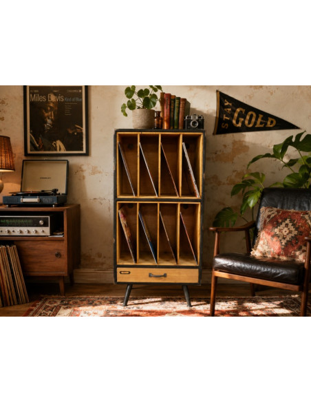 Bibliothèque Vinyles Vintage en Bois et Métal Patiné