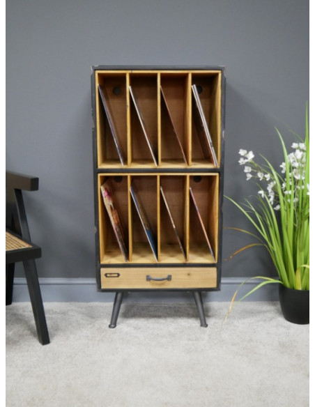 Bibliothèque Vinyles Vintage en Bois et Métal Patiné