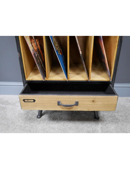 Bibliothèque Vinyles Vintage en Bois et Métal Patiné