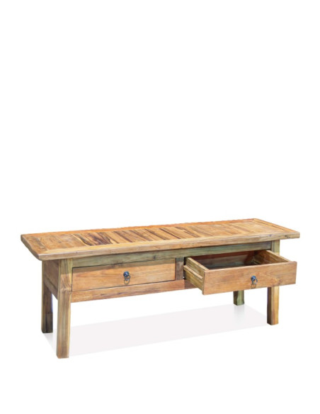 Table basse rustique en teck massif avec 2 tiroirs 130 x 40 x 50 cm