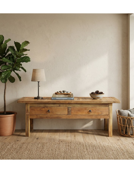 Table basse rustique en teck massif avec 2 tiroirs 130 x 40 x 50 cm