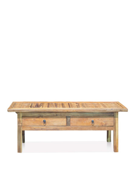 Table basse rustique en teck massif avec 2 tiroirs 130 x 40 x 50 cm