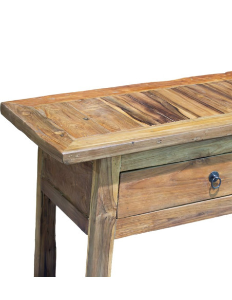Table basse rustique en teck massif avec 2 tiroirs 130 x 40 x 50 cm