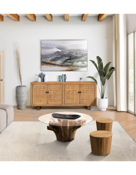 Table basse racine en teck blanchi avec plateau en verre