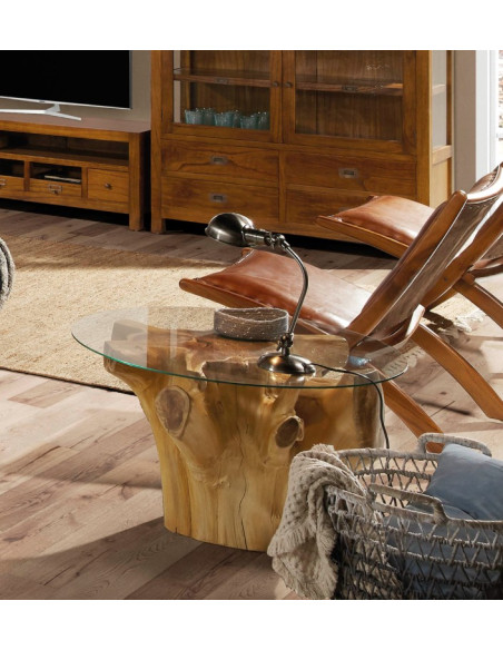 Table basse racine en teck blanchi avec plateau en verre