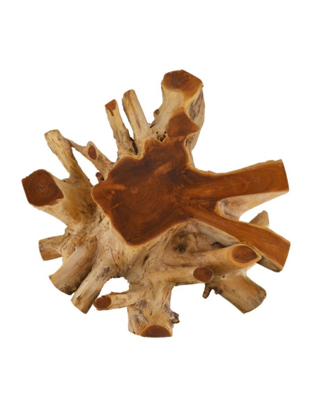 Table basse racine en teck blanchi avec plateau en verre