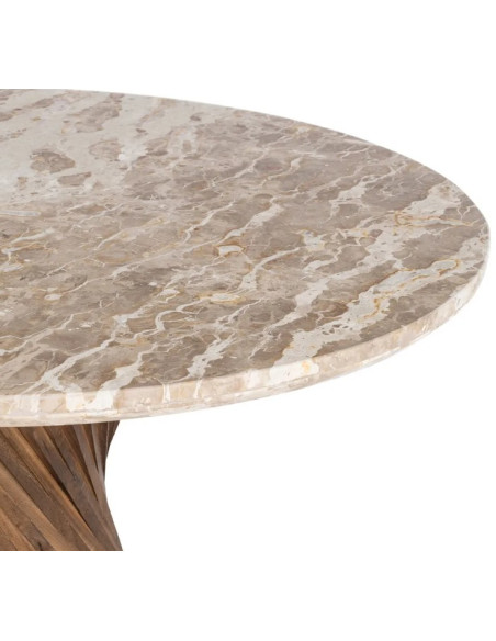 Table à Manger Ronde Sculpturale en Marbre Naturel & Bois de Manguier Ø120 cm