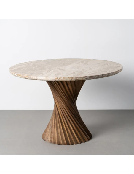 Table à Manger Ronde Sculpturale en Marbre Naturel & Bois de Manguier Ø120 cm
