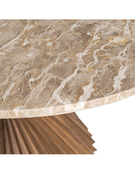 Table à Manger Ronde Sculpturale en Marbre Naturel & Bois de Manguier Ø120 cm