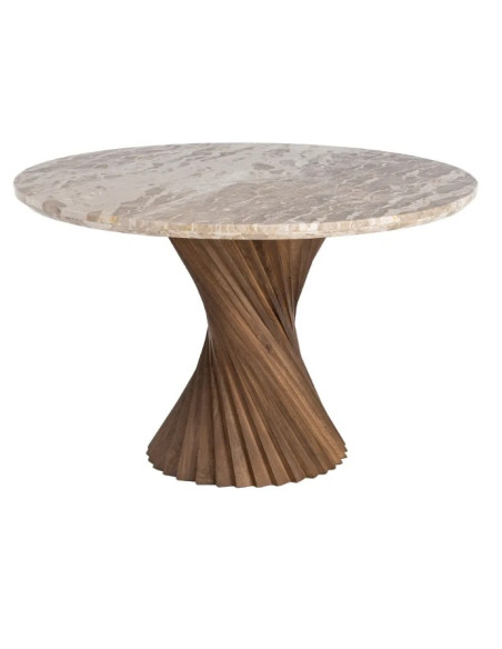 Table à Manger Ronde Sculpturale en Marbre Naturel & Bois de Manguier Ø120 cm