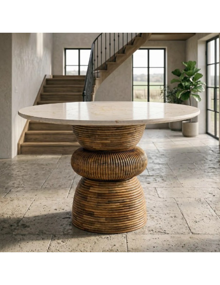 Table à Manger Ronde Signature en Marbre Naturel & Bois de Manguier Ø120 cm