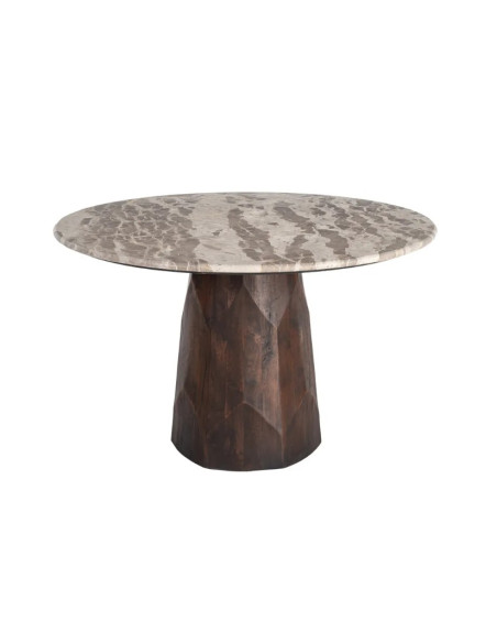 Table à Manger Ronde Facettée en Marbre Naturel & Bois de Manguier Ø120 cm