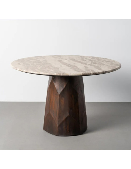 Table à Manger Ronde Facettée en Marbre Naturel & Bois de Manguier Ø120 cm