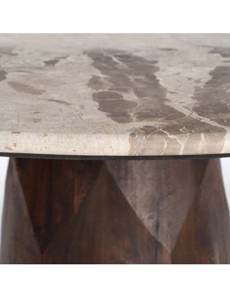Table à Manger Ronde Facettée en Marbre Naturel & Bois de Manguier Ø120 cm