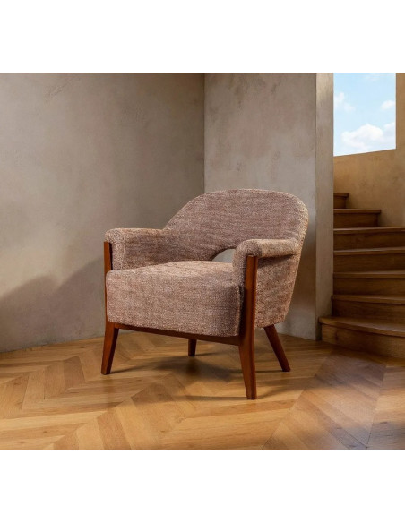 Fauteuil en tissu beige et bois – 75 x 74 x 76 cm