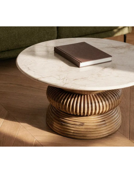 Table Basse Ronde Signature en Marbre Naturel & Bois de Manguier Ø80 cm