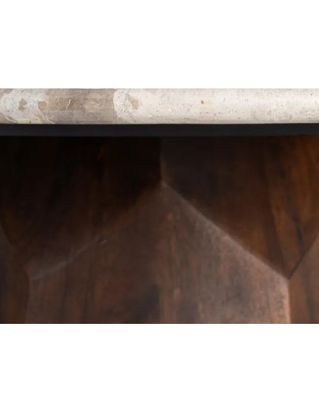 Table Basse Ronde Facettée en Marbre Naturel & Bois de Manguier Ø90 cm