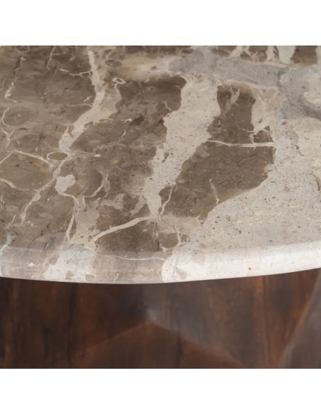 Table Basse Ronde Facettée en Marbre Naturel & Bois de Manguier Ø90 cm