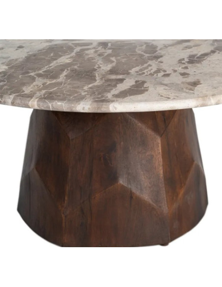 Table Basse Ronde Facettée en Marbre Naturel & Bois de Manguier Ø90 cm