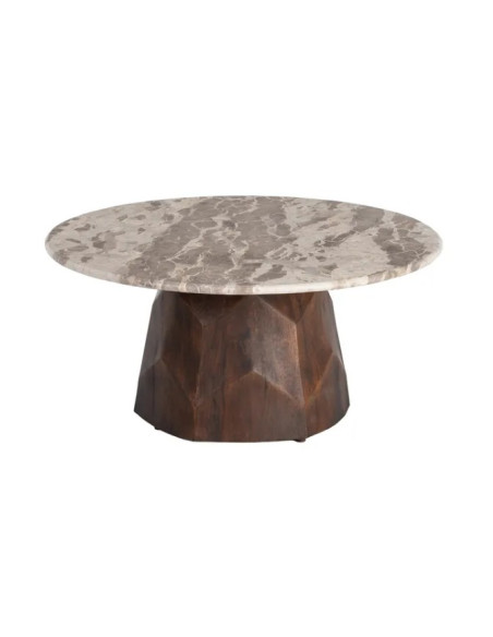 Table Basse Ronde Facettée en Marbre Naturel & Bois de Manguier Ø90 cm