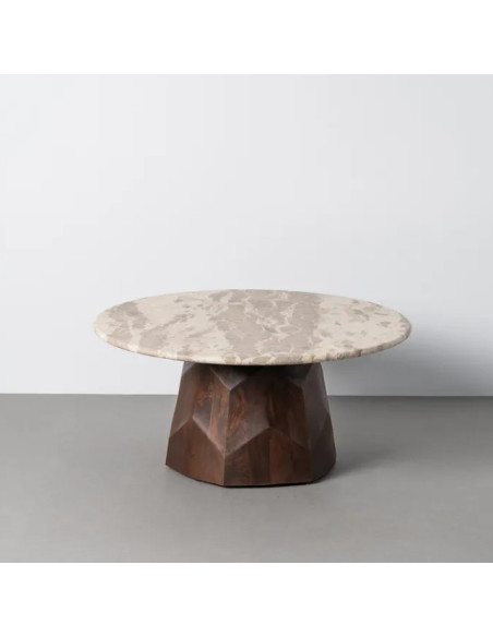 Table Basse Ronde Facettée en Marbre Naturel & Bois de Manguier Ø90 cm