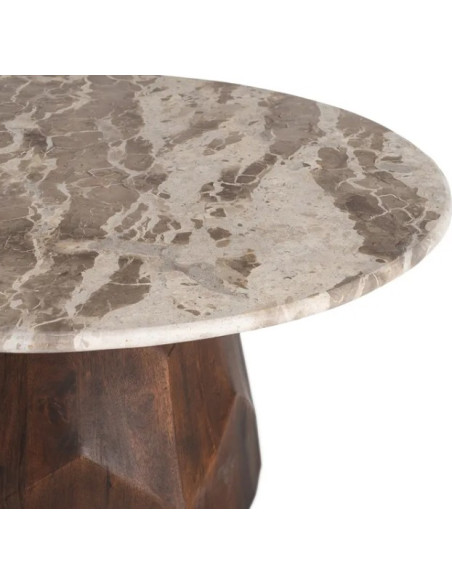 Table Basse Ronde Facettée en Marbre Naturel & Bois de Manguier Ø90 cm
