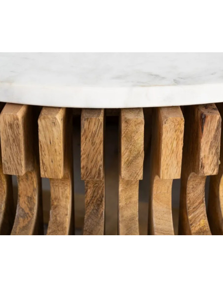Table Basse Ronde Graphique en Marbre Naturel & Bois de Manguier Ø80 cm