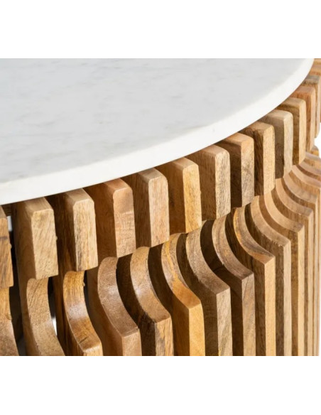 Table Basse Ronde Graphique en Marbre Naturel & Bois de Manguier Ø80 cm
