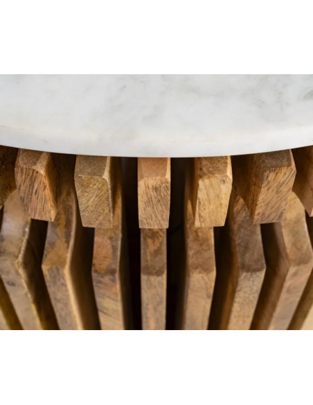 Table Basse Ronde Graphique en Marbre Naturel & Bois de Manguier Ø80 cm