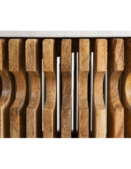 Table Basse Ronde Graphique en Marbre Naturel & Bois de Manguier Ø80 cm