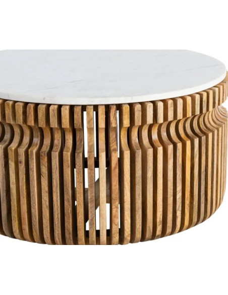 Table Basse Ronde Graphique en Marbre Naturel & Bois de Manguier Ø80 cm