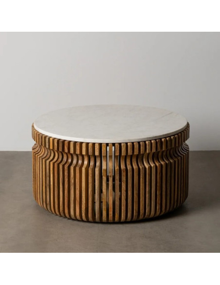 Table Basse Ronde Graphique en Marbre Naturel & Bois de Manguier Ø80 cm