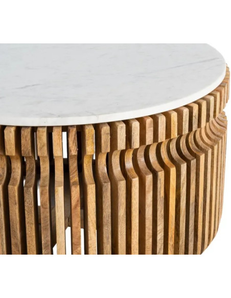 Table Basse Ronde Graphique en Marbre Naturel & Bois de Manguier Ø80 cm
