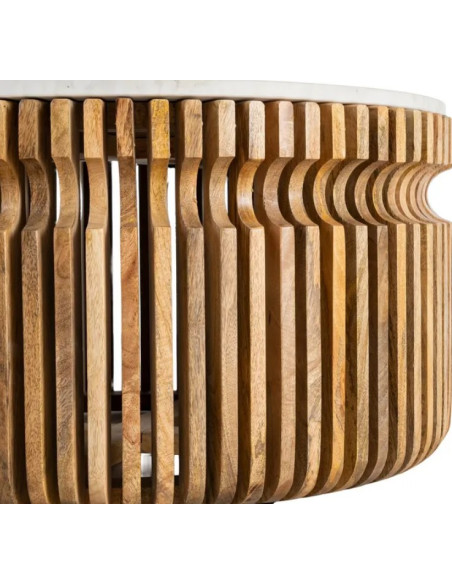 Table Basse Ronde Graphique en Marbre Naturel & Bois de Manguier Ø80 cm