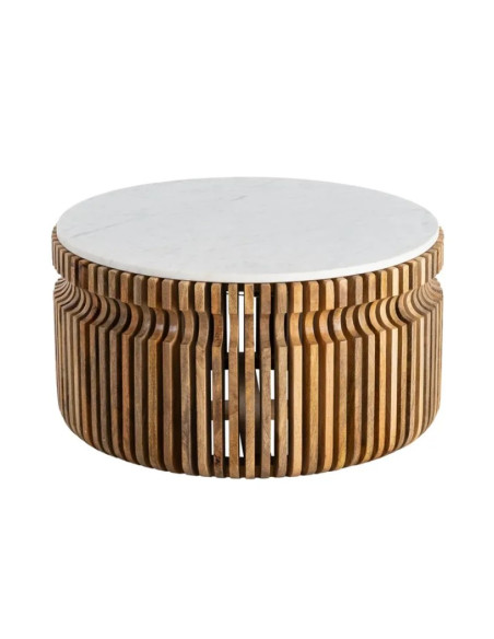 Table Basse Ronde Graphique en Marbre Naturel & Bois de Manguier Ø80 cm