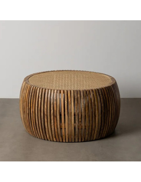 Table Basse Ronde en Bois de Manguier & Rotin Ø75 cm